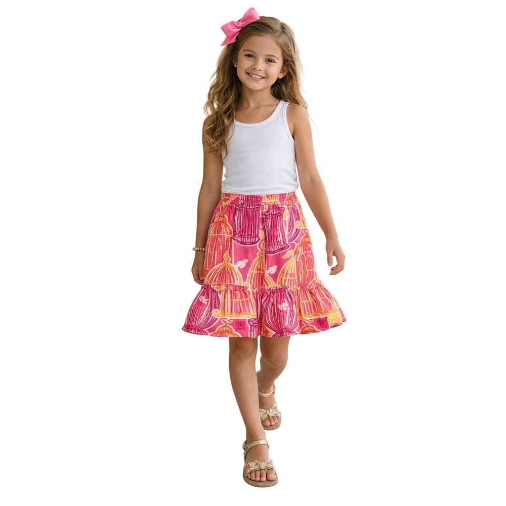 Lilly Pulitzer Girls Sz 10 Pink Birdcage Print Ruffle Skirt Cotton Costal Preppy